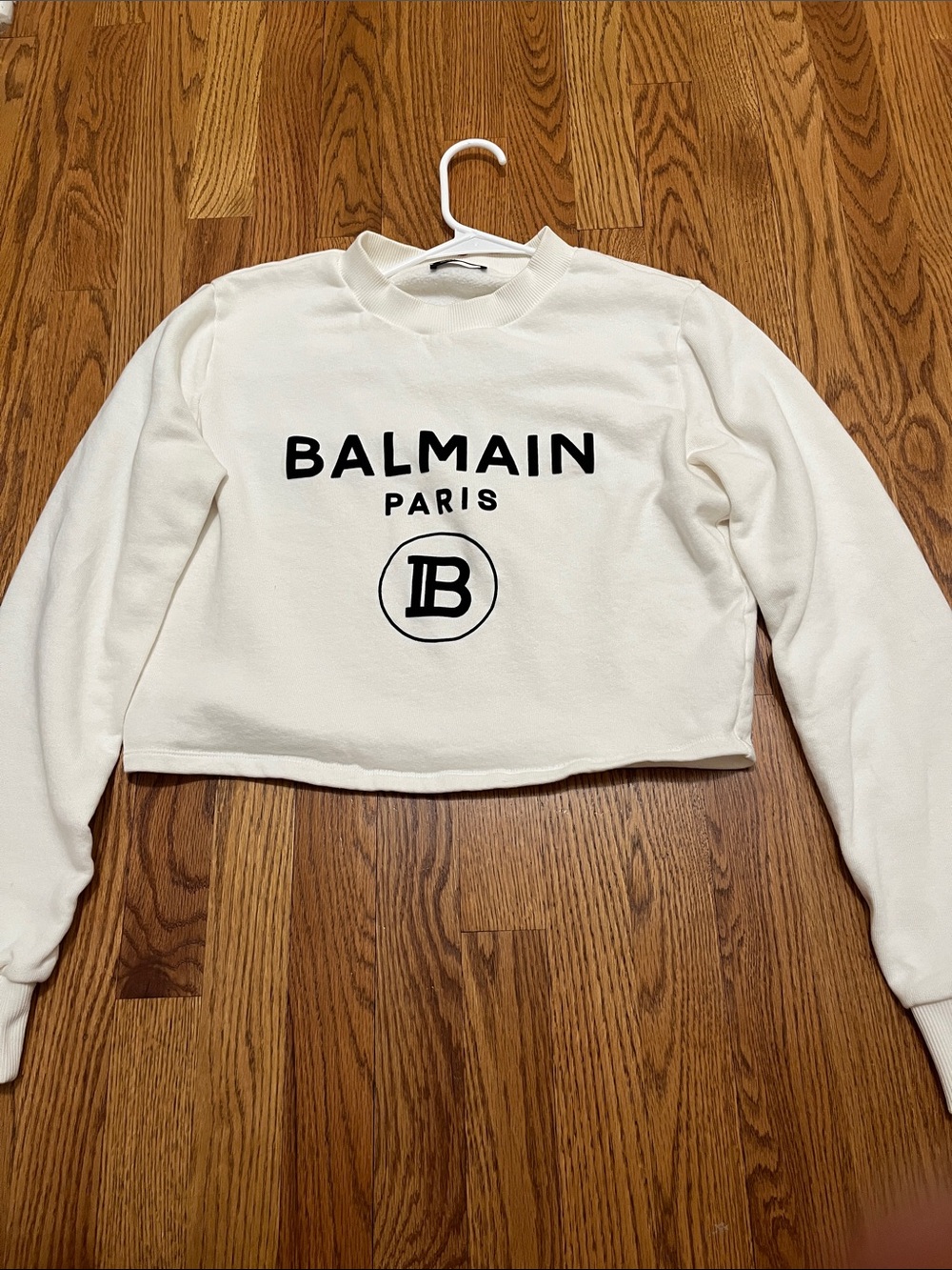 Balmain White Cropped Logo Sweatshirt with Black Print